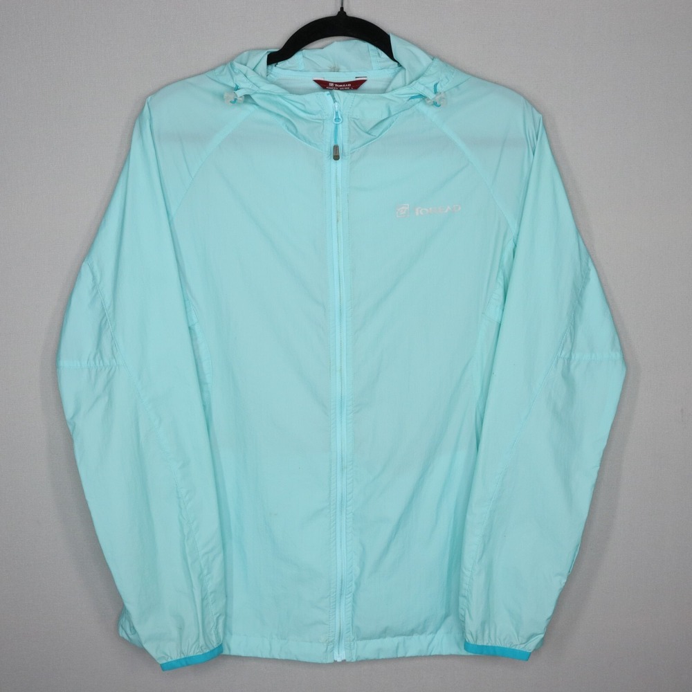 Toread Windbreaker Jacket Womens Size Large Aqua Blue Hooded Ultra Lightweight